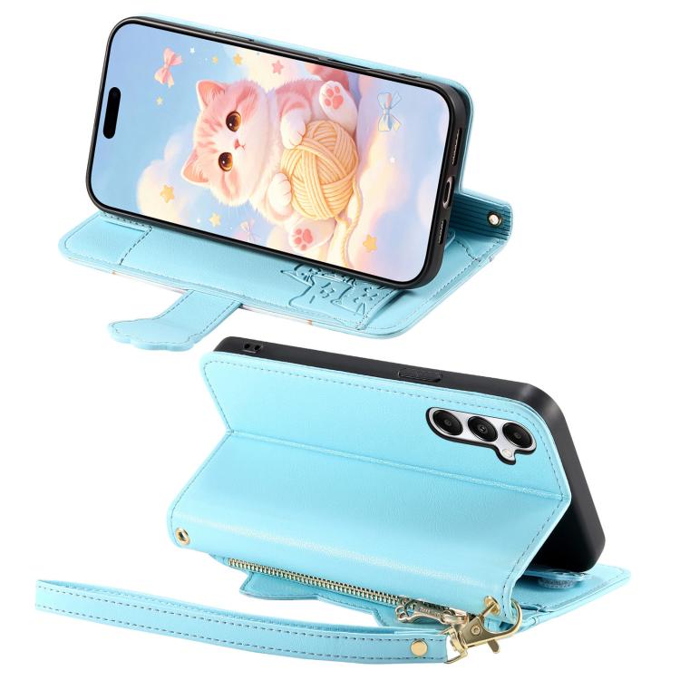 For Galaxy M15 5G Cat-shaped Zipper Wallet Vegan Leather Phone Case with Strap
