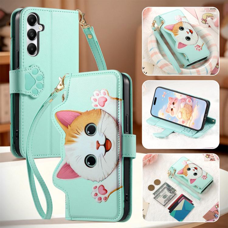 For Galaxy M15 5G Cat-shaped Zipper Wallet Vegan Leather Phone Case with Strap