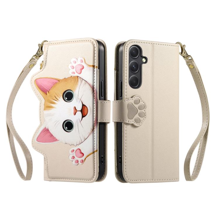 For Galaxy A56 5G Cat-shaped Zipper Wallet Vegan Leather Phone Case with Strap