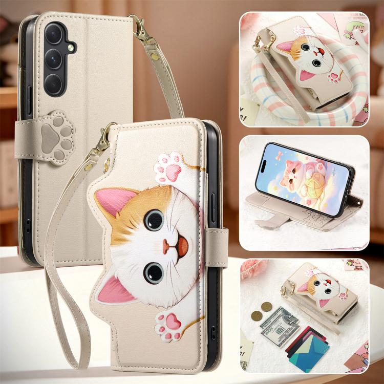 For Galaxy A56 5G Cat-shaped Zipper Wallet Vegan Leather Phone Case with Strap