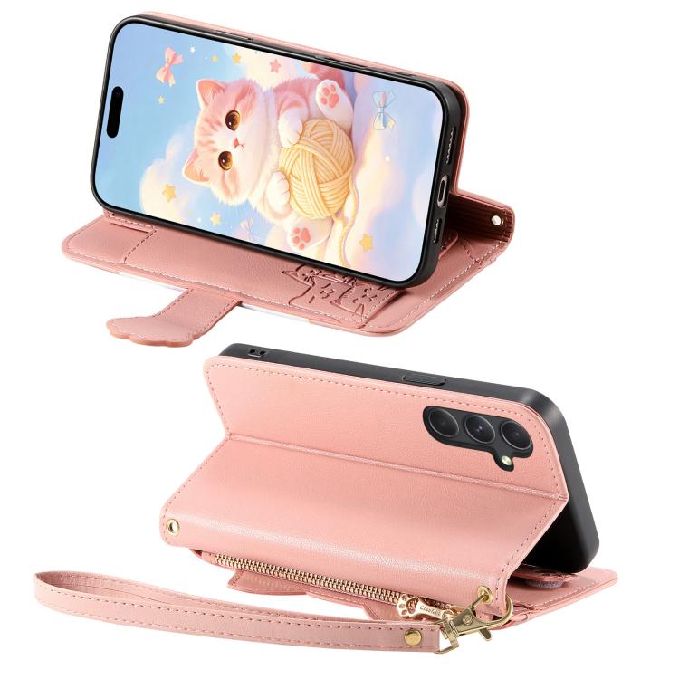 For Galaxy A56 5G Cat-shaped Zipper Wallet Vegan Leather Phone Case with Strap