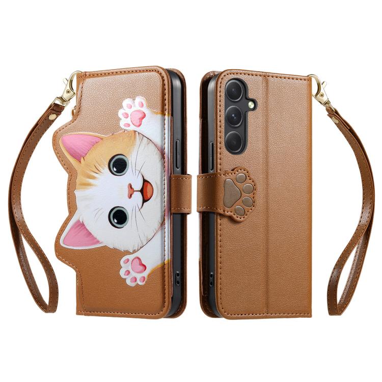 For Galaxy A36 5G Cat-shaped Zipper Wallet Vegan Leather Phone Case with Strap