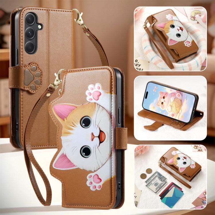 For Galaxy A36 5G Cat-shaped Zipper Wallet Vegan Leather Phone Case with Strap
