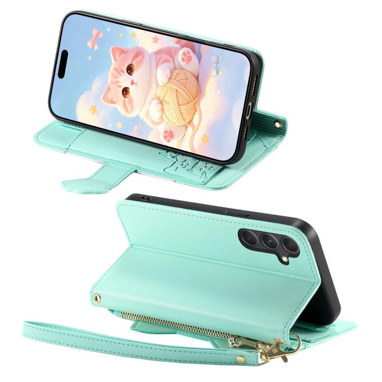 For Galaxy A36 5G Cat-shaped Zipper Wallet Vegan Leather Phone Case with Strap