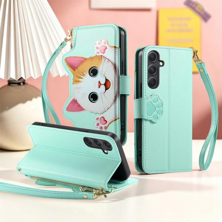 For Galaxy A36 5G Cat-shaped Zipper Wallet Vegan Leather Phone Case with Strap