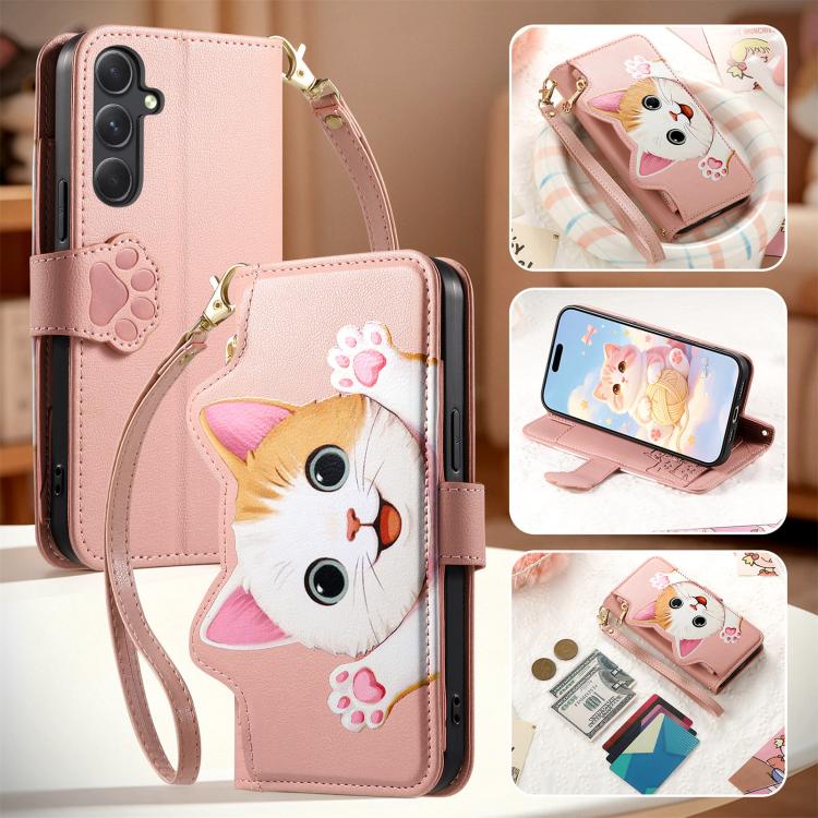 For Galaxy A36 5G Cat-shaped Zipper Wallet Vegan Leather Phone Case with Strap
