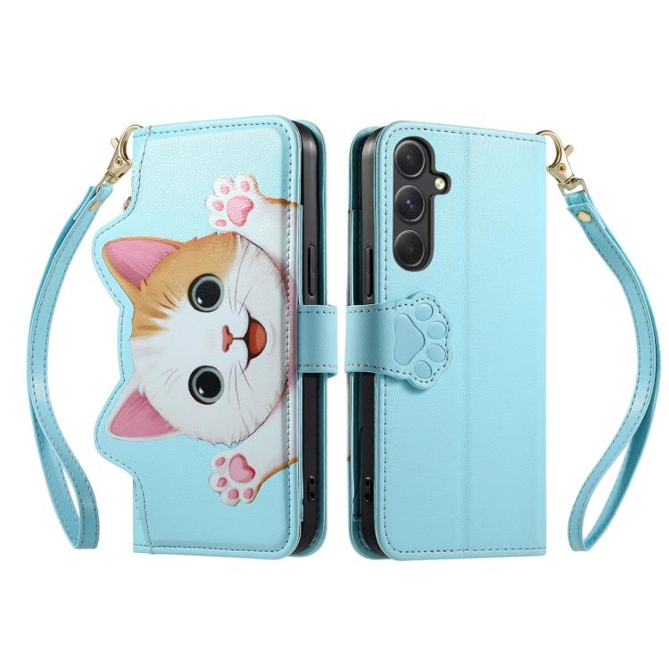For Galaxy A37 5G Cat-shaped Zipper Wallet Vegan Leather Phone Case with Strap