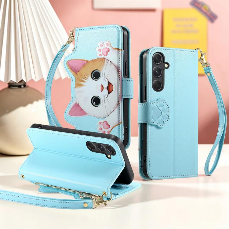 For Galaxy A24 4G Cat-shaped Zipper Wallet Vegan Leather Phone Case with Strap
