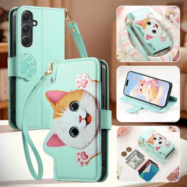For Galaxy A24 4G Cat-shaped Zipper Wallet Vegan Leather Phone Case with Strap