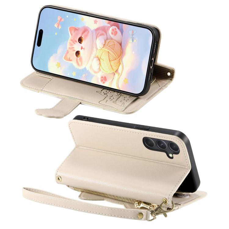 For Galaxy A24 4G Cat-shaped Zipper Wallet Vegan Leather Phone Case with Strap