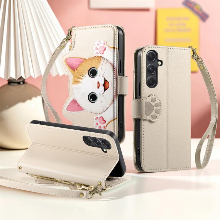 For Galaxy A24 4G Cat-shaped Zipper Wallet Vegan Leather Phone Case with Strap