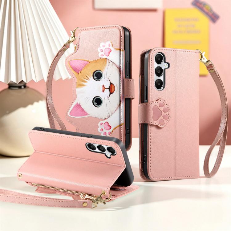 For Galaxy A27 5G Cat-shaped Zipper Wallet Vegan Leather Phone Case with Strap