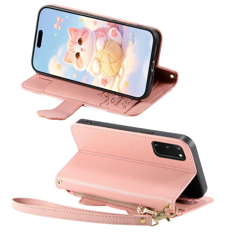 For Galaxy S20+ 5G Cat-shaped Zipper Wallet Vegan Leather Phone Case with Strap