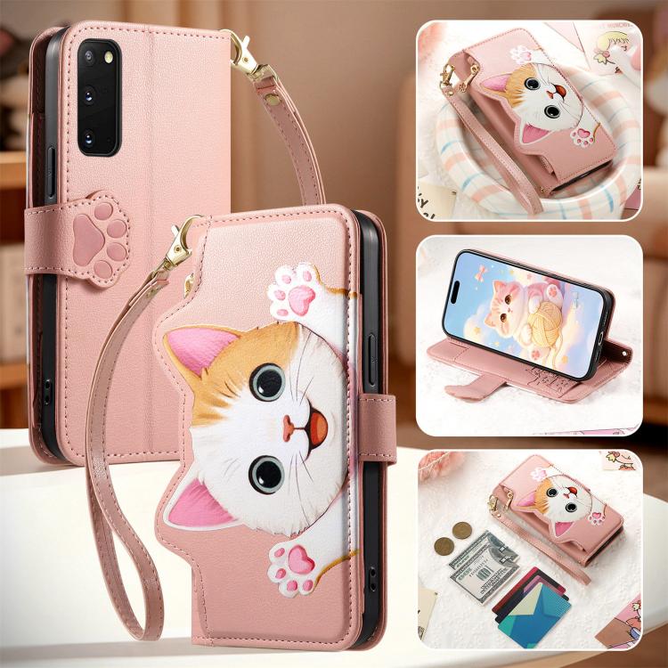 For Galaxy S20+ 5G Cat-shaped Zipper Wallet Vegan Leather Phone Case with Strap