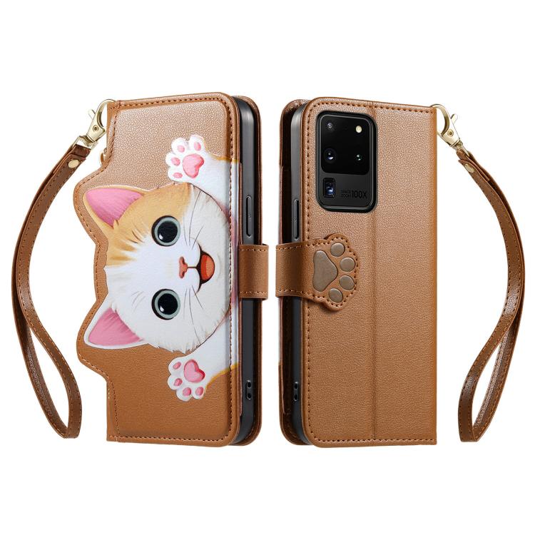 For Galaxy S20 Ultra 5G Cat-shaped Zipper Wallet Vegan Leather Phone Case with Strap