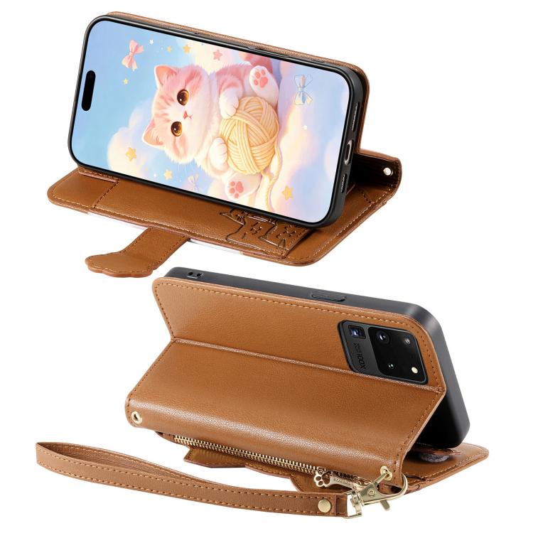 For Galaxy S20 Ultra 5G Cat-shaped Zipper Wallet Vegan Leather Phone Case with Strap