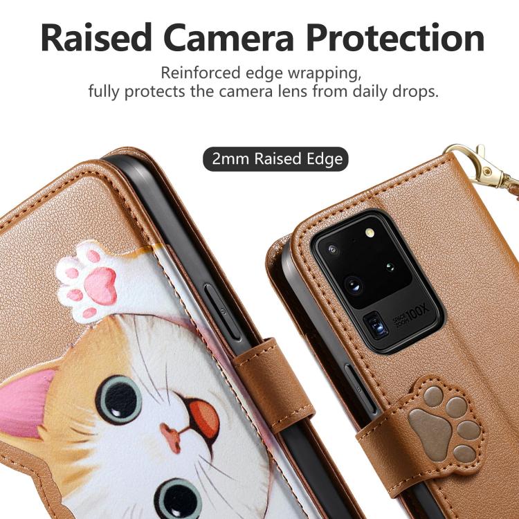 For Galaxy S20 Ultra 5G Cat-shaped Zipper Wallet Vegan Leather Phone Case with Strap