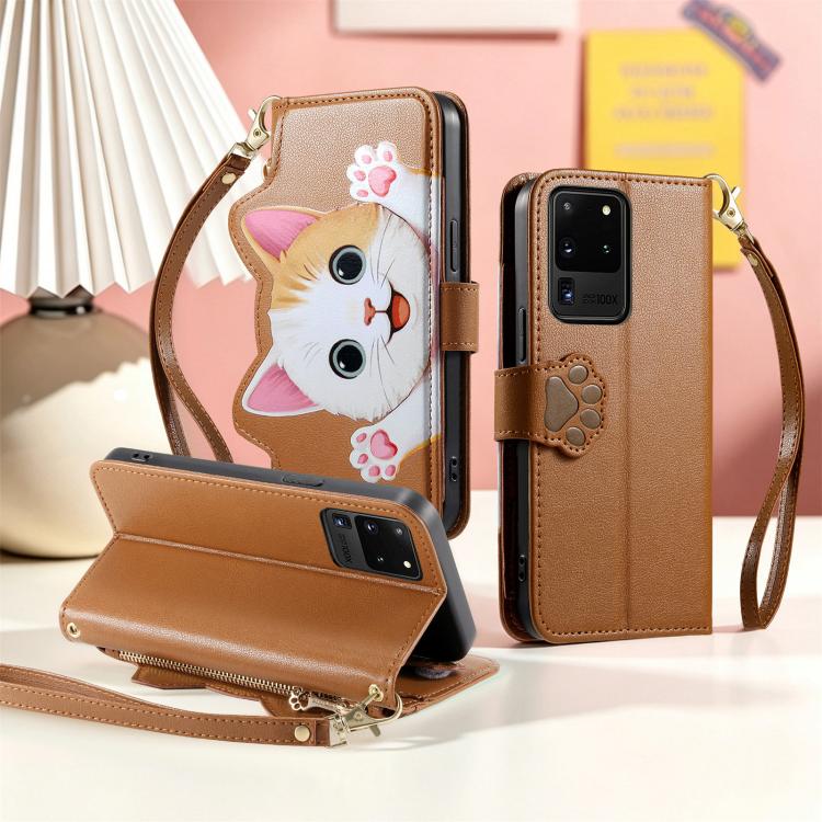 For Galaxy S20 Ultra 5G Cat-shaped Zipper Wallet Vegan Leather Phone Case with Strap