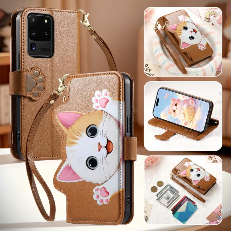 For Galaxy S20 Ultra 5G Cat-shaped Zipper Wallet Vegan Leather Phone Case with Strap