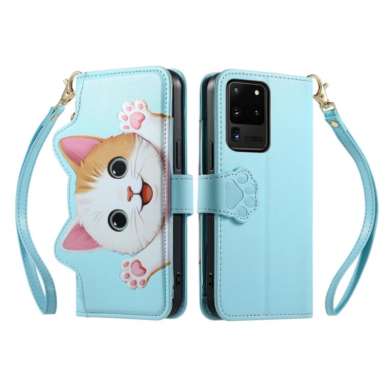 For Galaxy S20 Ultra 5G Cat-shaped Zipper Wallet Vegan Leather Phone Case with Strap