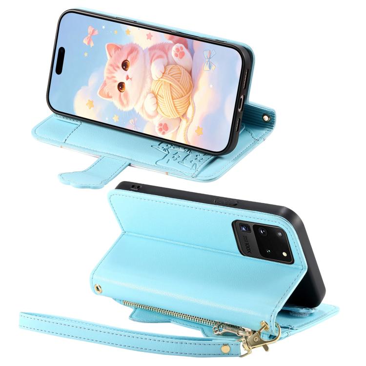 For Galaxy S20 Ultra 5G Cat-shaped Zipper Wallet Vegan Leather Phone Case with Strap