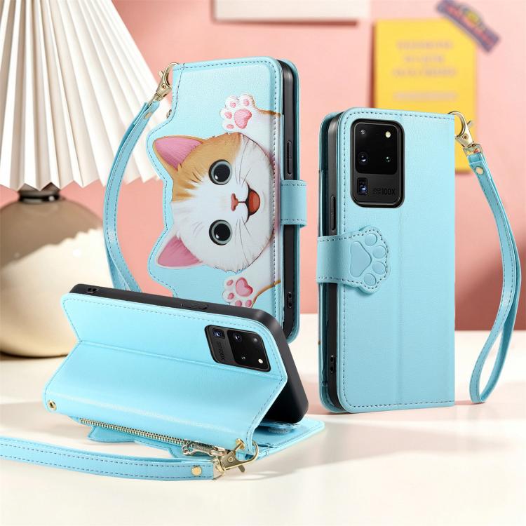For Galaxy S20 Ultra 5G Cat-shaped Zipper Wallet Vegan Leather Phone Case with Strap