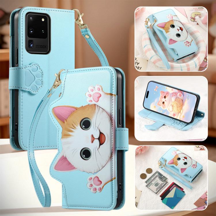 For Galaxy S20 Ultra 5G Cat-shaped Zipper Wallet Vegan Leather Phone Case with Strap