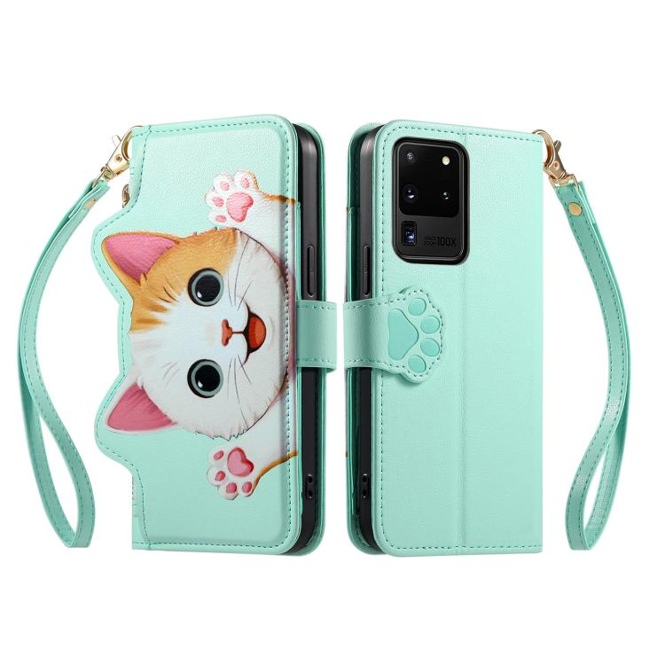 For Galaxy S20 Ultra 5G Cat-shaped Zipper Wallet Vegan Leather Phone Case with Strap