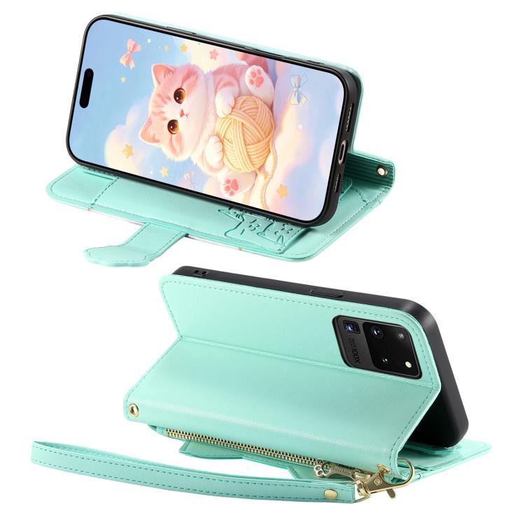 For Galaxy S20 Ultra 5G Cat-shaped Zipper Wallet Vegan Leather Phone Case with Strap