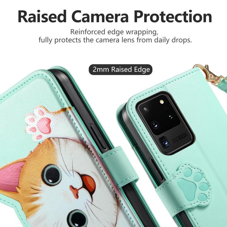For Galaxy S20 Ultra 5G Cat-shaped Zipper Wallet Vegan Leather Phone Case with Strap