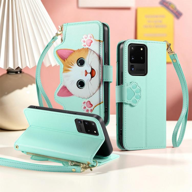 For Galaxy S20 Ultra 5G Cat-shaped Zipper Wallet Vegan Leather Phone Case with Strap