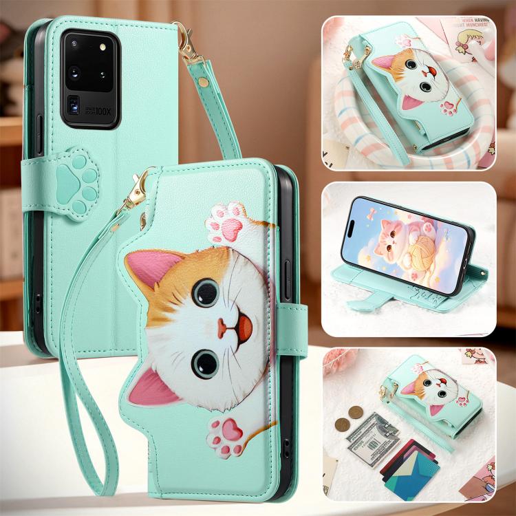 For Galaxy S20 Ultra 5G Cat-shaped Zipper Wallet Vegan Leather Phone Case with Strap