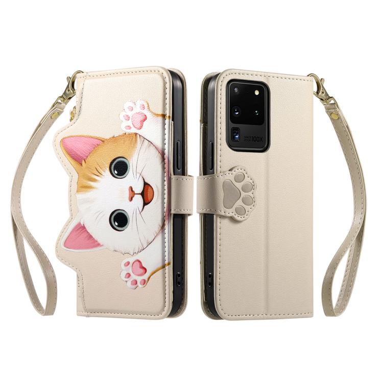 For Galaxy S20 Ultra 5G Cat-shaped Zipper Wallet Vegan Leather Phone Case with Strap