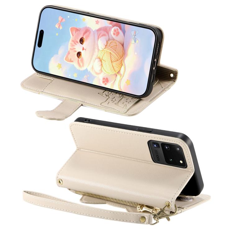For Galaxy S20 Ultra 5G Cat-shaped Zipper Wallet Vegan Leather Phone Case with Strap