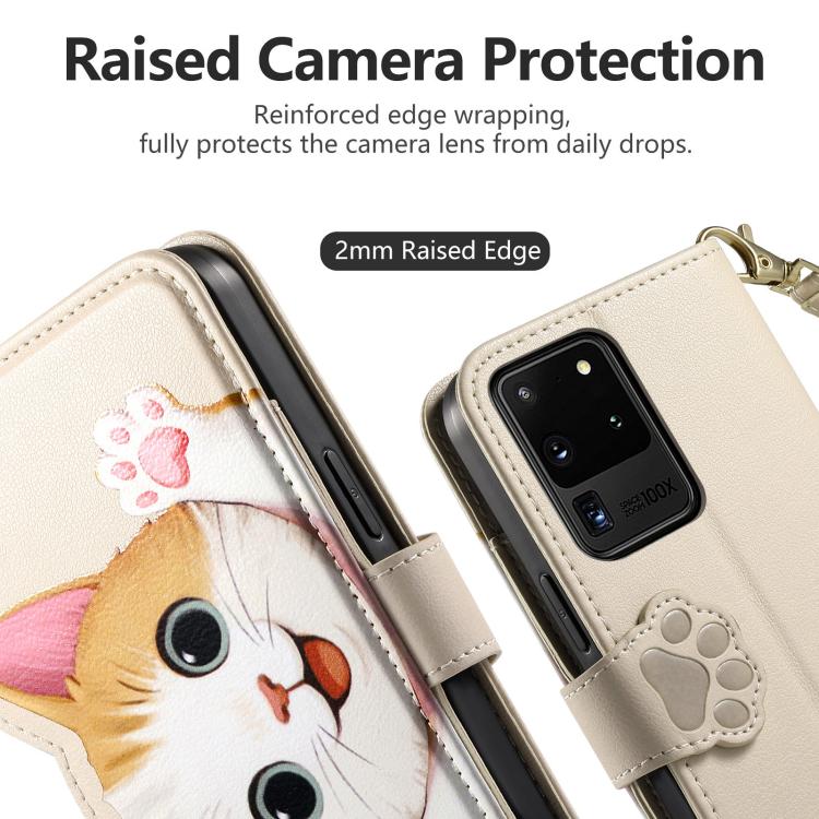 For Galaxy S20 Ultra 5G Cat-shaped Zipper Wallet Vegan Leather Phone Case with Strap
