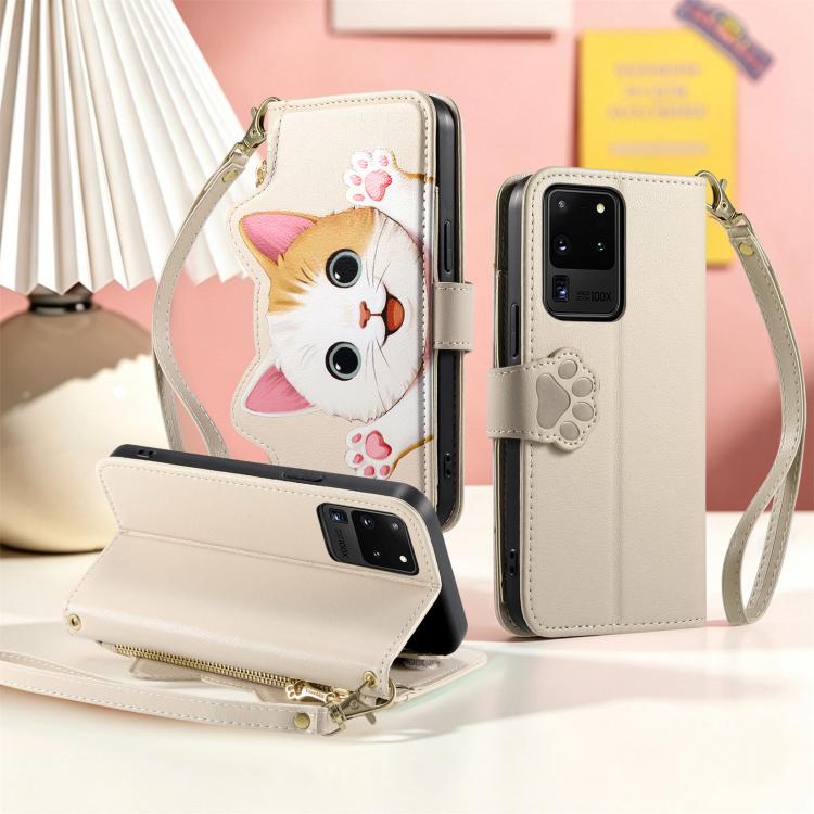 For Galaxy S20 Ultra 5G Cat-shaped Zipper Wallet Vegan Leather Phone Case with Strap