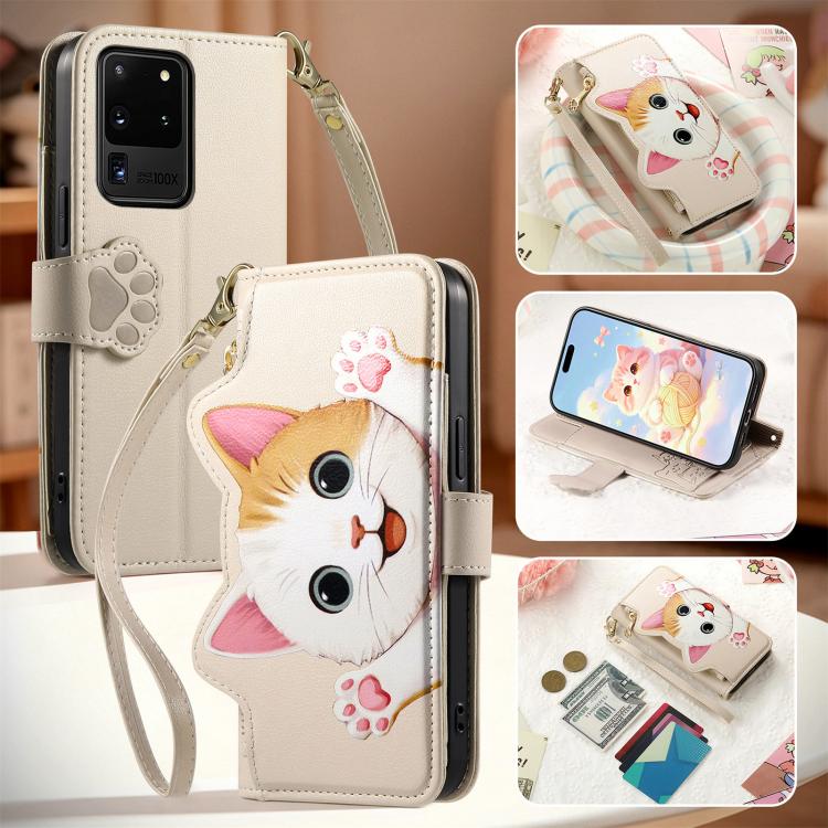 For Galaxy S20 Ultra 5G Cat-shaped Zipper Wallet Vegan Leather Phone Case with Strap