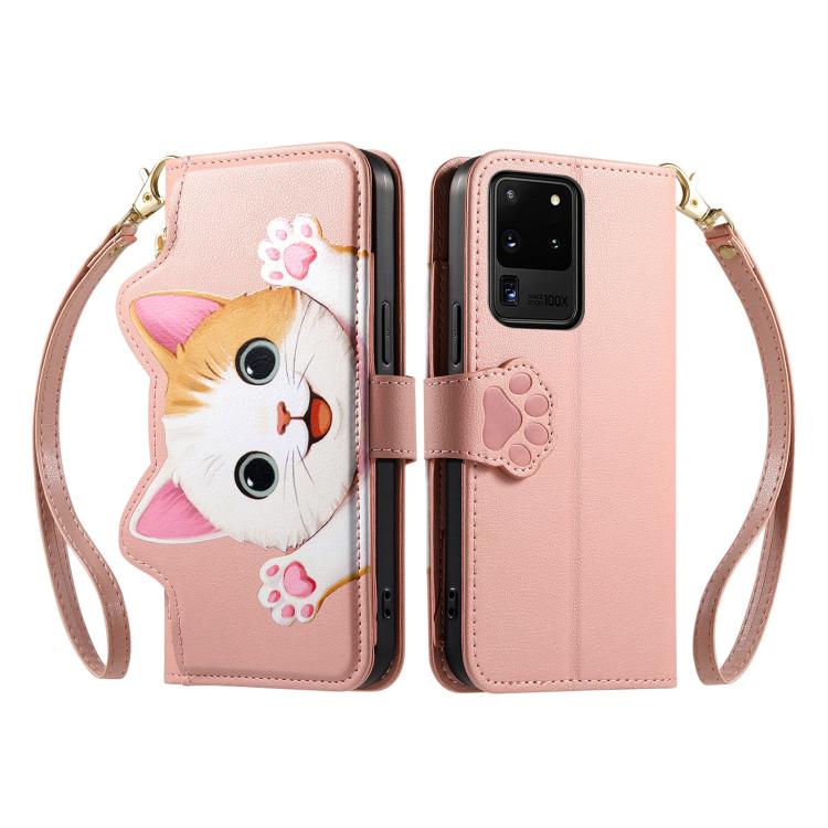 For Galaxy S20 Ultra 5G Cat-shaped Zipper Wallet Vegan Leather Phone Case with Strap