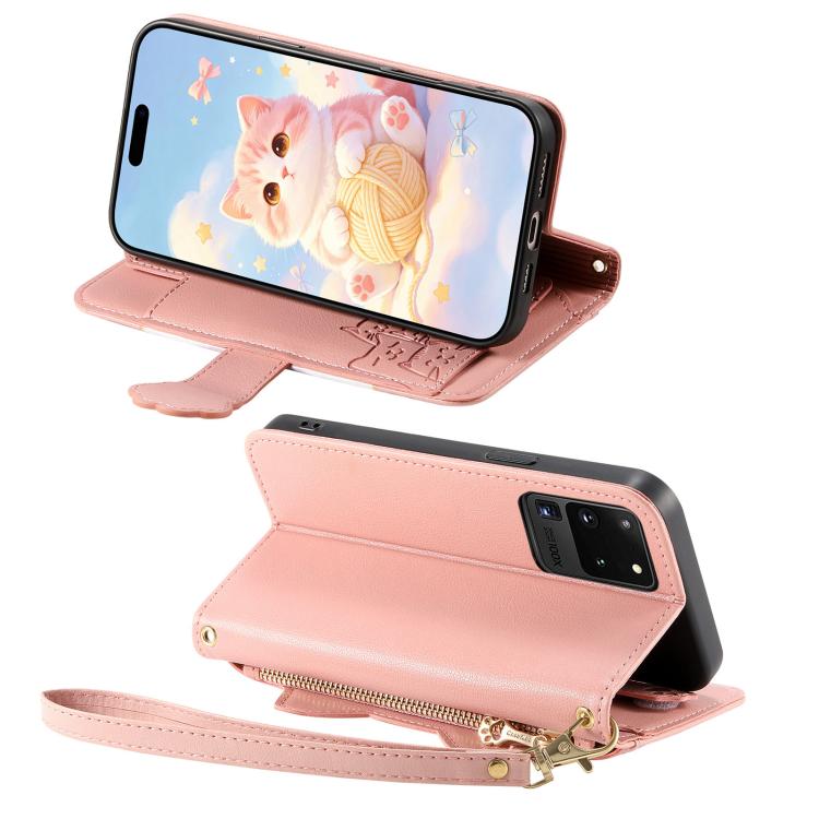For Galaxy S20 Ultra 5G Cat-shaped Zipper Wallet Vegan Leather Phone Case with Strap