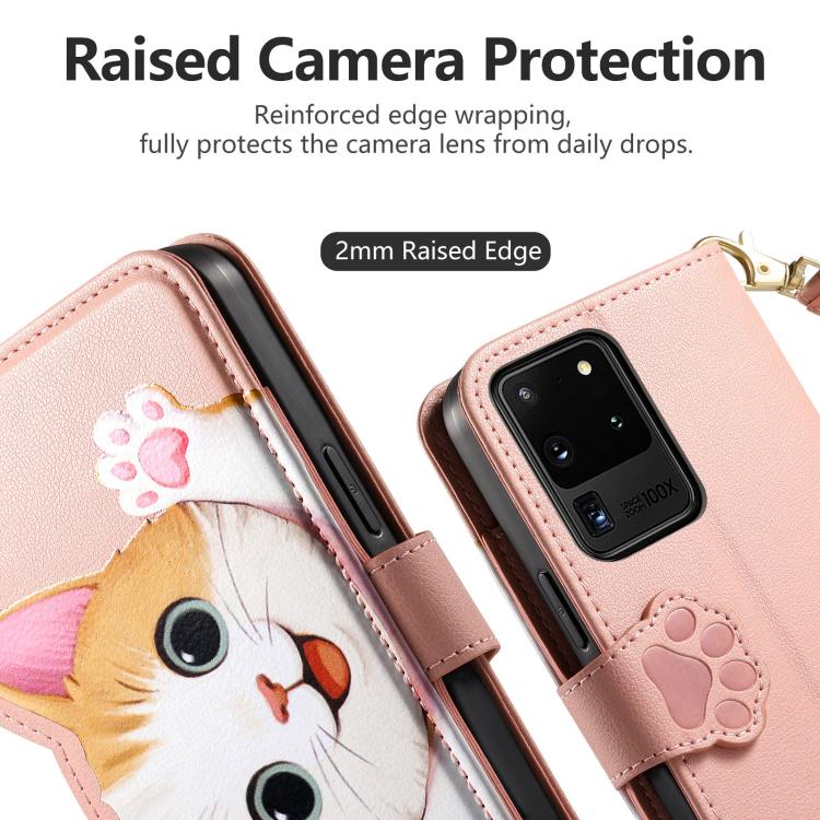 For Galaxy S20 Ultra 5G Cat-shaped Zipper Wallet Vegan Leather Phone Case with Strap