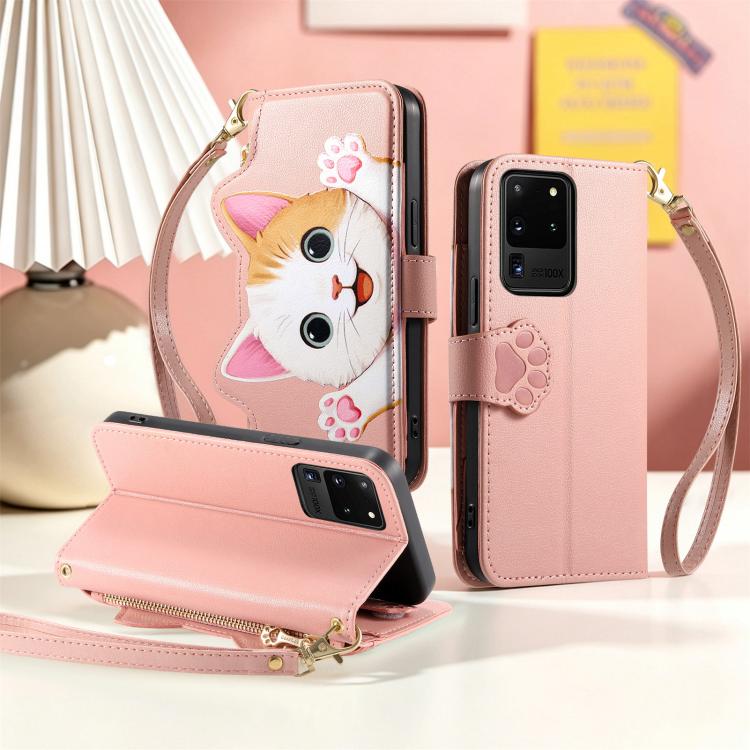 For Galaxy S20 Ultra 5G Cat-shaped Zipper Wallet Vegan Leather Phone Case with Strap