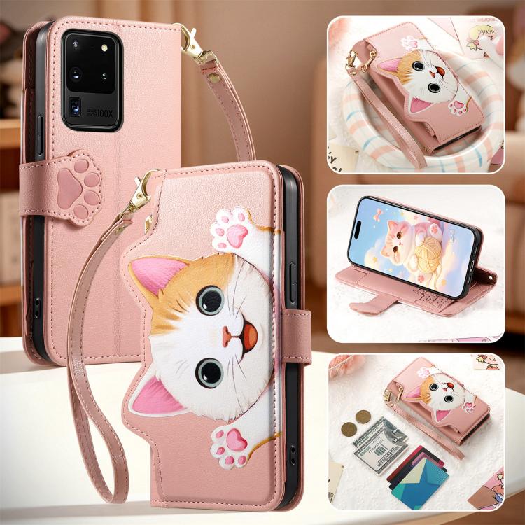For Galaxy S20 Ultra 5G Cat-shaped Zipper Wallet Vegan Leather Phone Case with Strap