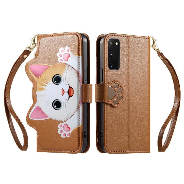 For Galaxy S20 FE Cat-shaped Zipper Wallet Vegan Leather Phone Case with Strap