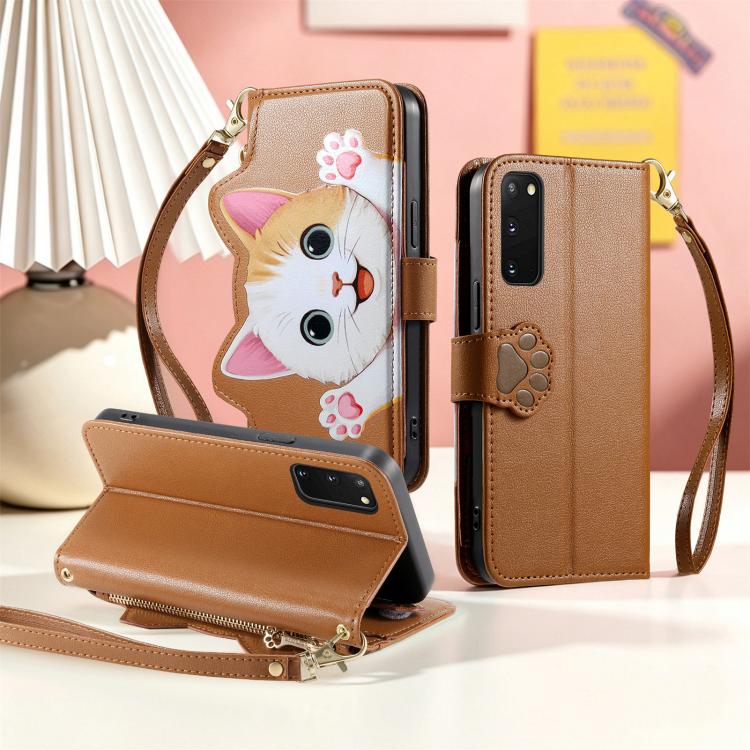 For Galaxy S20 FE Cat-shaped Zipper Wallet Vegan Leather Phone Case with Strap