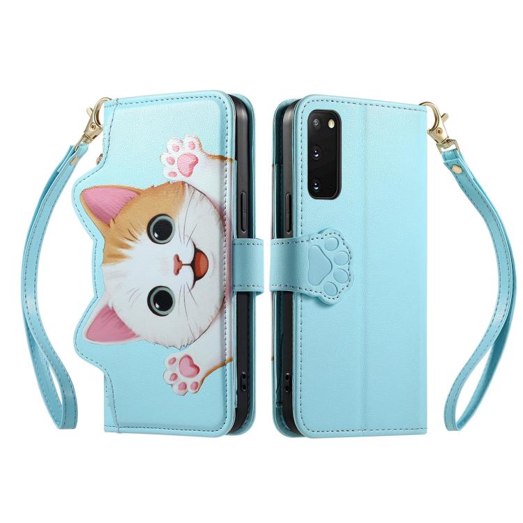 For Galaxy S20 FE Cat-shaped Zipper Wallet Vegan Leather Phone Case with Strap