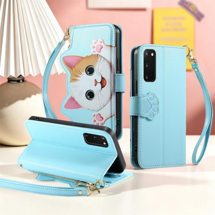 For Galaxy S20 FE Cat-shaped Zipper Wallet Vegan Leather Phone Case with Strap