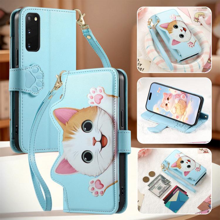 For Galaxy S20 FE Cat-shaped Zipper Wallet Vegan Leather Phone Case with Strap