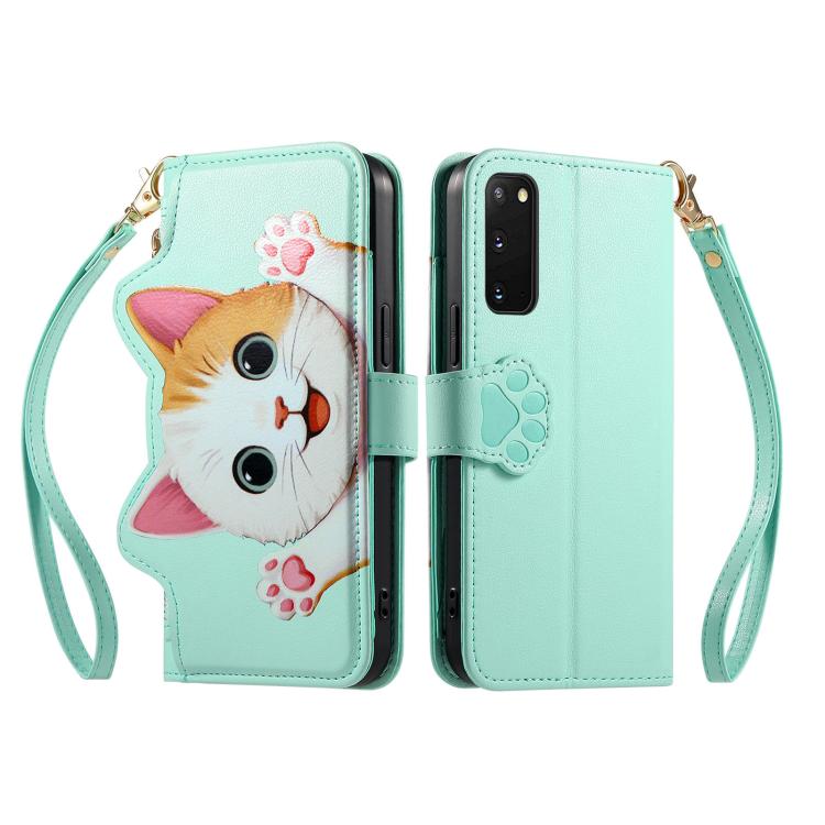 For Galaxy S20 FE Cat-shaped Zipper Wallet Vegan Leather Phone Case with Strap