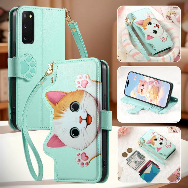 For Galaxy S20 FE Cat-shaped Zipper Wallet Vegan Leather Phone Case with Strap