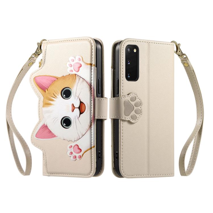 For Galaxy S20 FE Cat-shaped Zipper Wallet Vegan Leather Phone Case with Strap